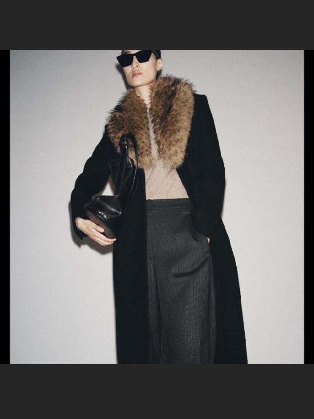 Zara Black Trench Coat with Brown Faux Fur Collar